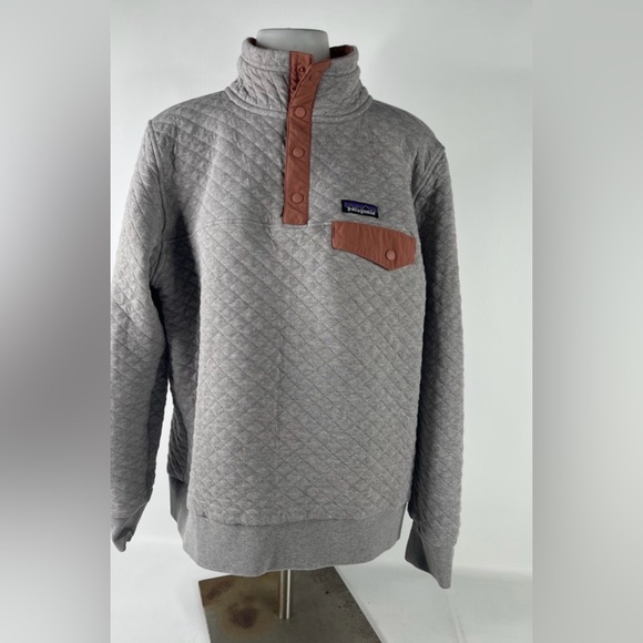 Patagonia Quilted Pullover in Light Gray with Rust Trim woman’s L - Picture 3 of 7
